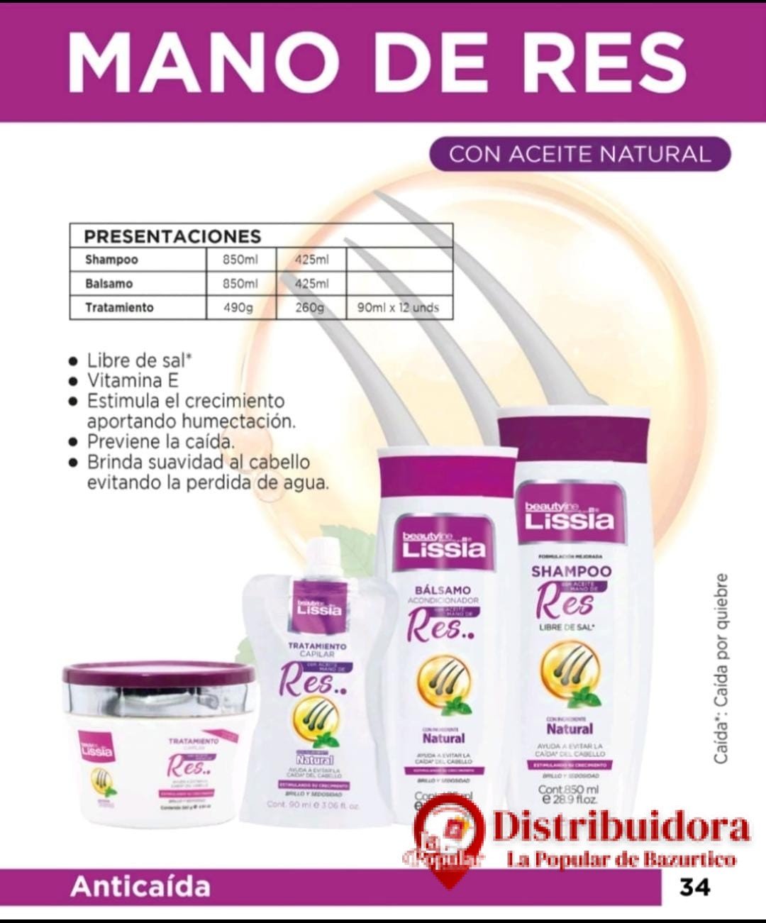 ACONDICIONADOR ANTICAIDA MANO DE RES 425ML DE LISSIA ACONDICIONADOR ANTICAIDA MANO DE RES 425ML DE LISSIA
