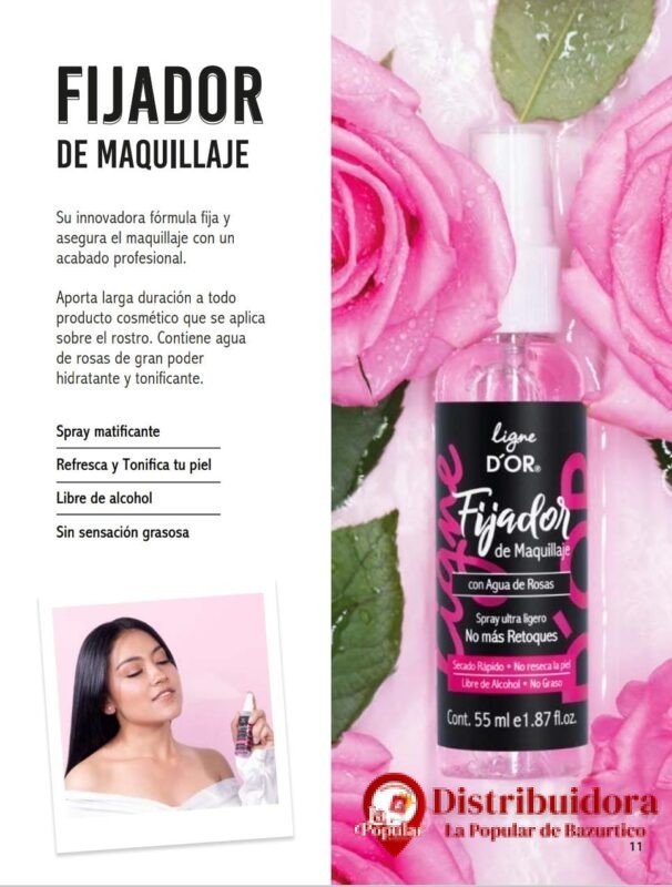 FIJADOR DE MAQUILLAJE CON AGUA DE ROSAS CONT 55 ML DE LIGNE D´OR