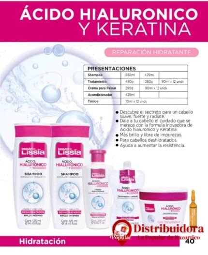SHAMPOO HIDRATACION ACIDO HIALURONICO Y KERATINA 425ML DE LISSIA